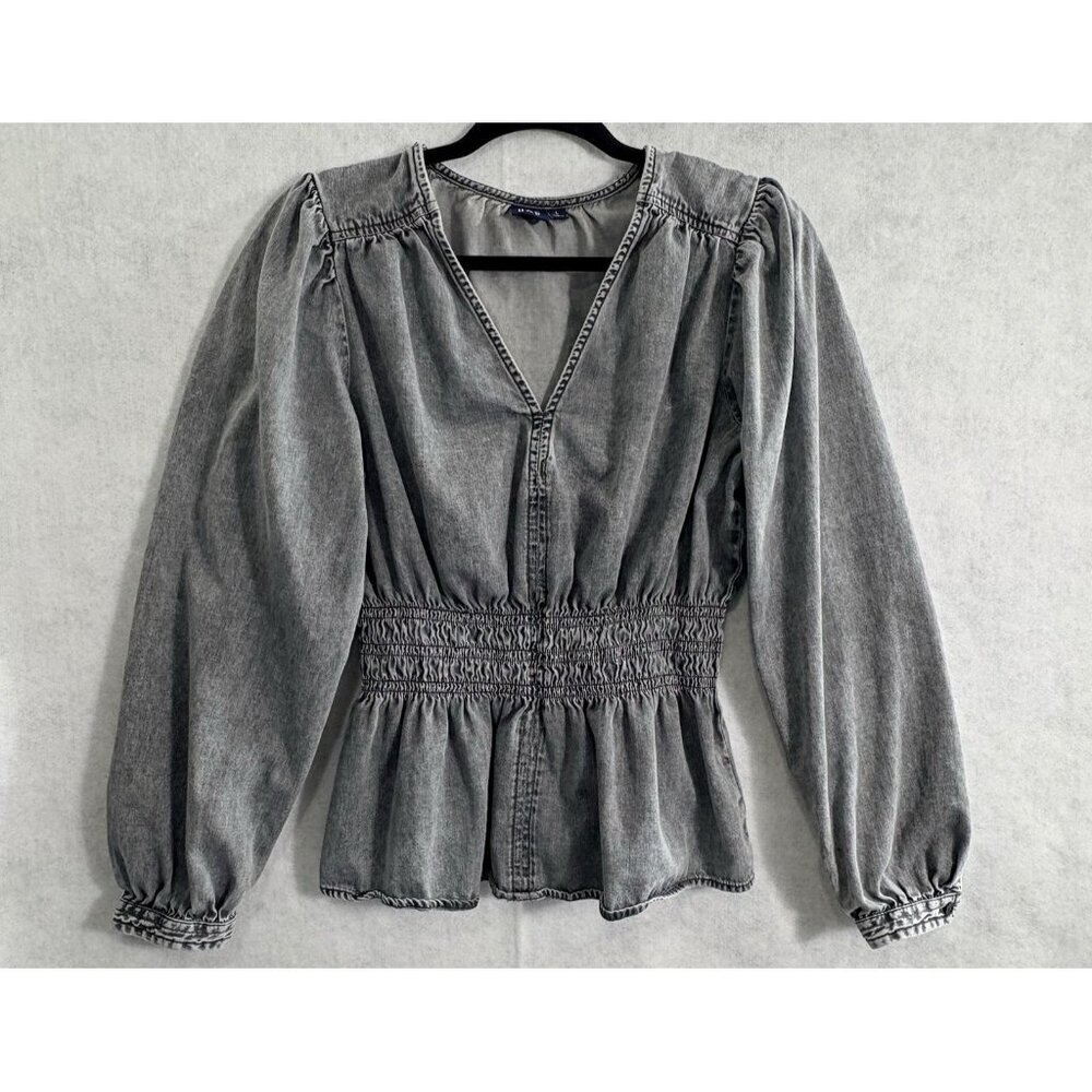 GAP Women Puff Long Sleeve Denim V Neck Smock Peplum Top Sz L Washed Gray 30-4